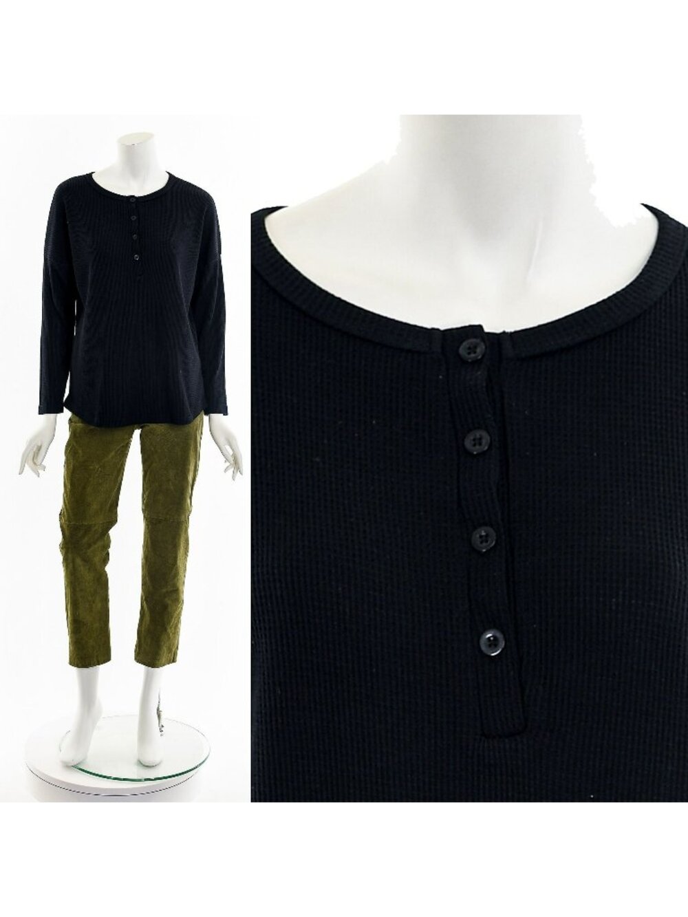 Button Down Waffle Knit Thermal Long Sleeve